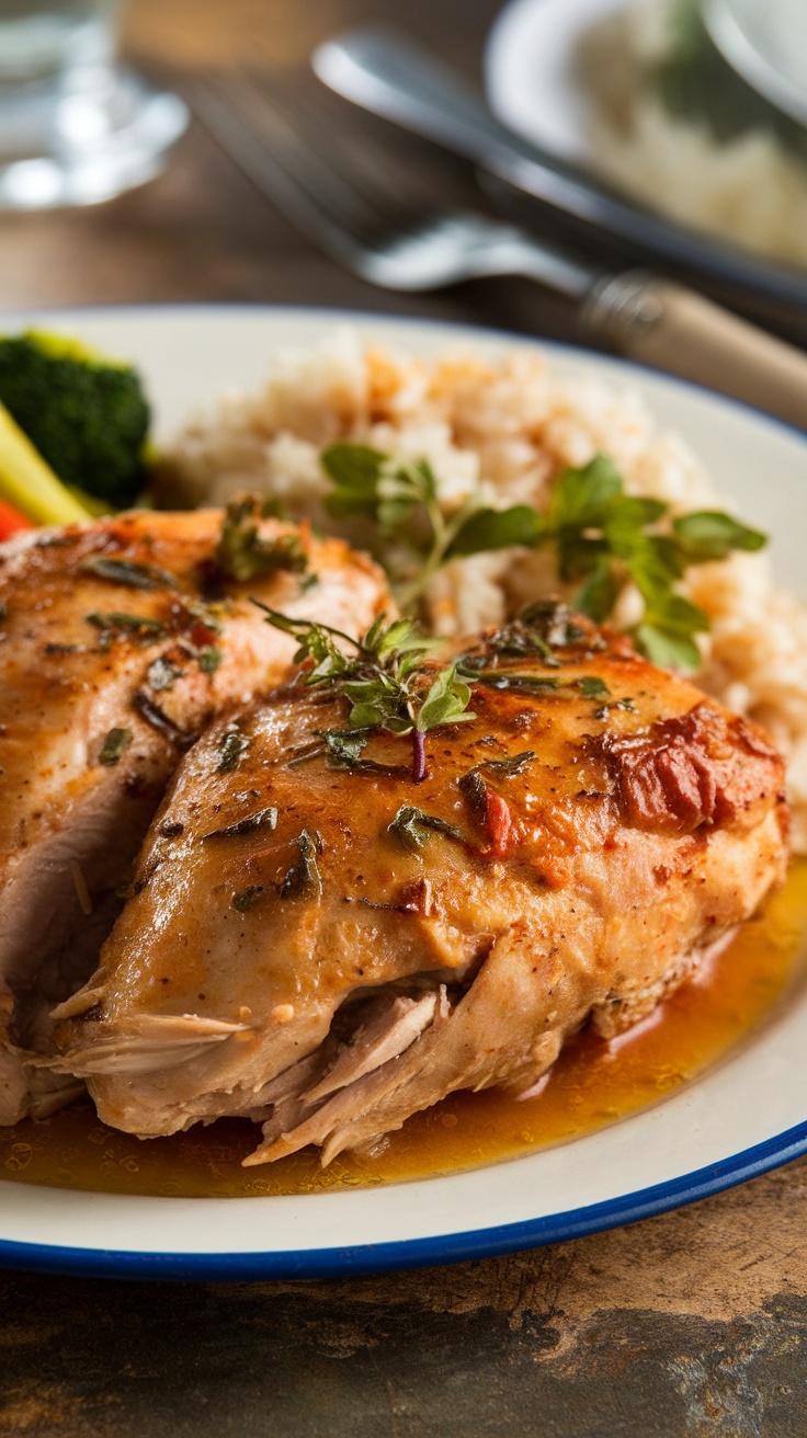 Tender slow cooked chicken breasts with herbs served with rice and vegetables on a rustic table.